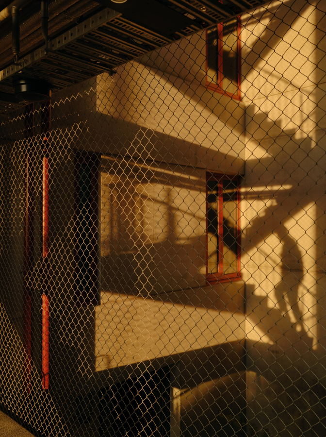 shadows of a staircase cast onto a concrete wall.